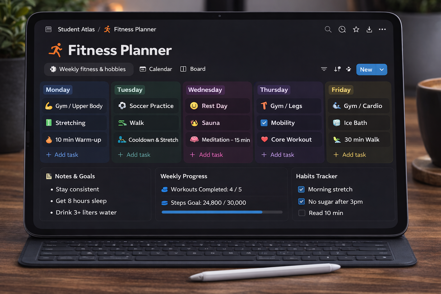 "Student Atlas Notion planner open to the Fitness Planner section, designed to help students track their physical activity and support mental and physical wellbeing"