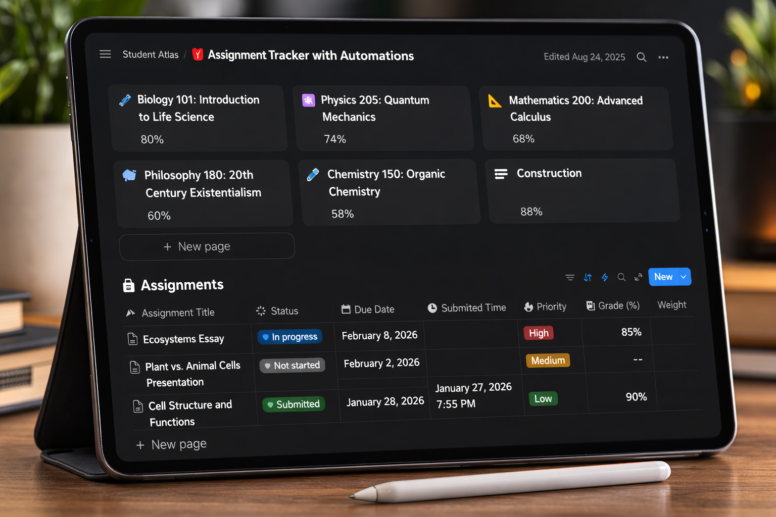 "Student Atlas Notion template close-up view displaying weekly schedule and assignment tracker for students"