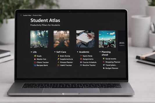  "Student Atlas Notion planner mockup showing the main dashboard with organized sections for tasks, goals, and study planning"